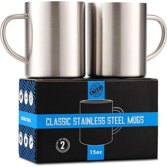 Stainless Steel Double Walled Mugs: 100% BPA Free,15 oz Metal Coffee & Tea Cup - Picture 1 of 6